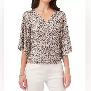 3/$20 MSK Faux Wrap Top Black& White Paisley Sparkling Sequin Bell Sleeve